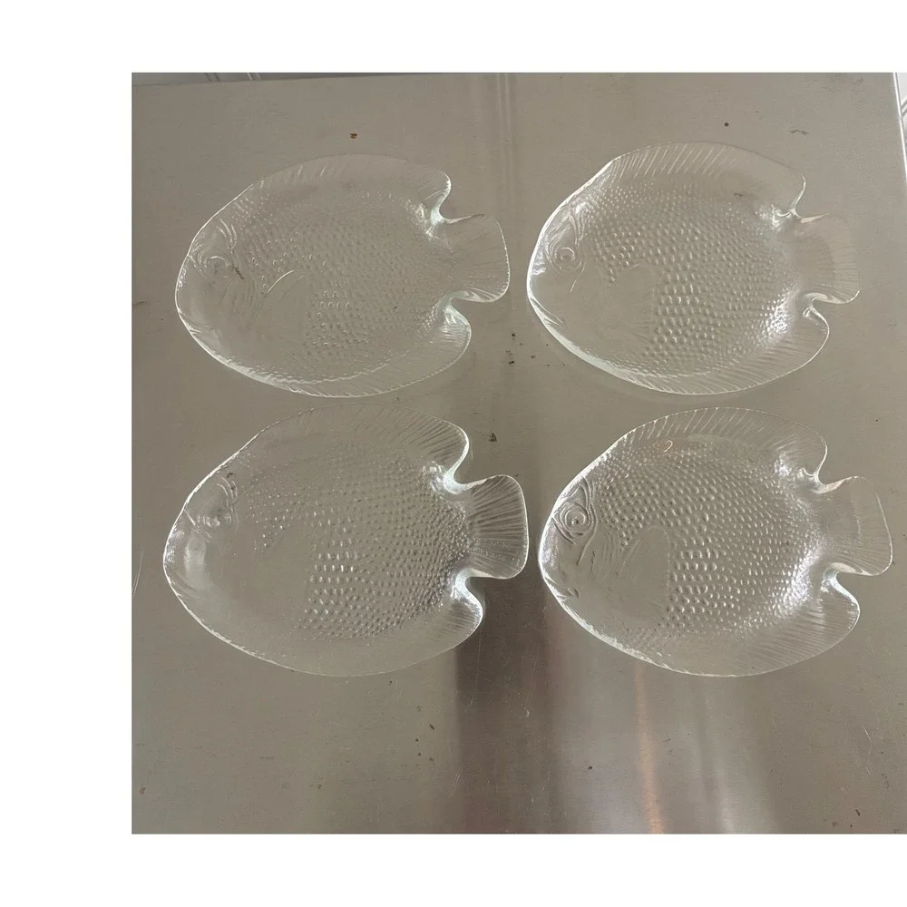 Arcoroc France Clear Glass Fish Plates Set of 8 Coastal Nautical Dinnerware